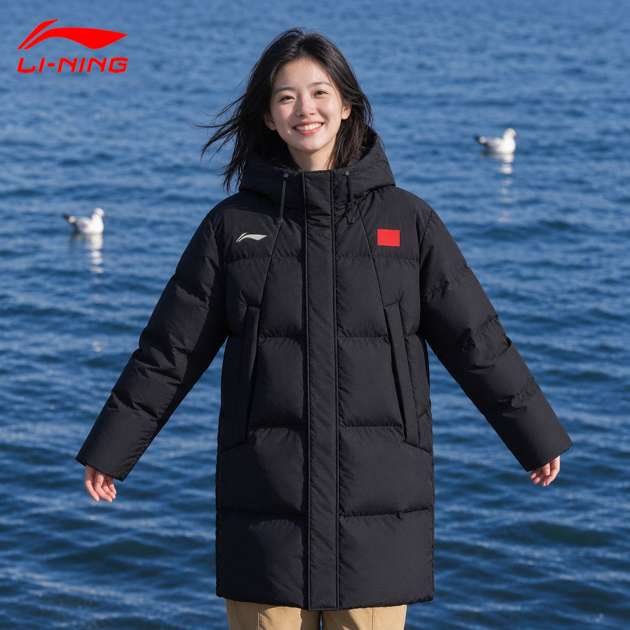 李宁羽绒服女款中长款秋冬季2026新款鸭绒保暖连帽国标旗子款正品