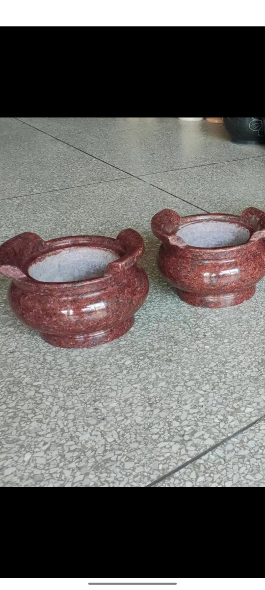 印度红石雕香炉寺庙祠堂户外供奉带耳朵石头圆香炉外径20公分