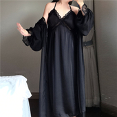 大码 性感情调睡衣女夏胖mm200斤冰丝绸宽松蕾丝吊带睡裙睡袍套装