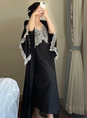 特大码300斤法式缎面冰丝两件套睡袍女过膝长款遮肚宽松蕾丝性感