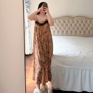 碎花薄款 吊带睡衣可外穿家居服 胖mm200斤睡裙女带胸垫新款 特大码