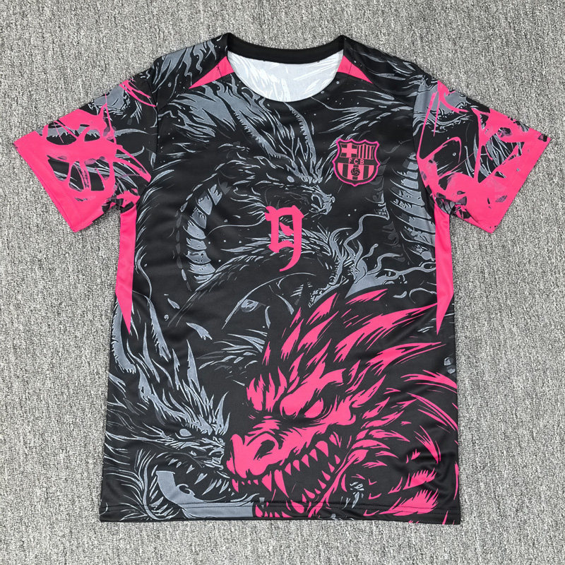 巴萨帅酷龙纹足球服短袖训练上衣黑灰夏新款宽松定制男女健身运动