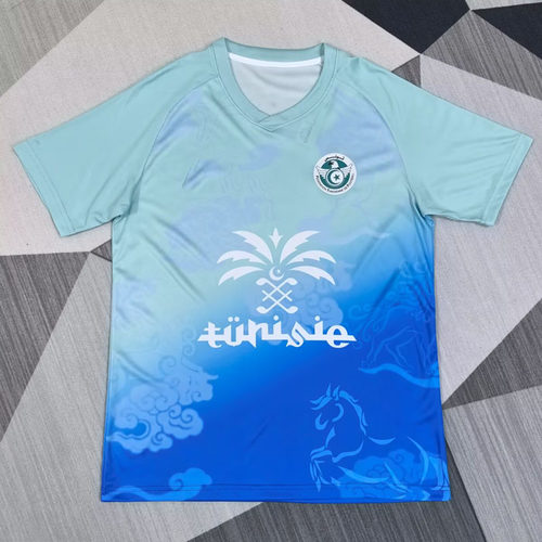 突尼斯浅蓝短袖球衣男2526冷门足球服上衣定制印号字速干运动队服