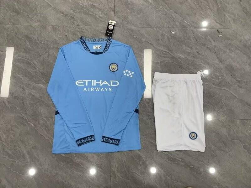 曼城长袖短裤球衣足球训练服套装男学生定制春秋新款运动热身踢球