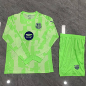 春秋速干定制足球训练服男运动热身 套装 荧光绿巴萨长袖 球衣短裤