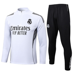 皇马白色长袖足球训练服球衣男2425出场热身健身跑步长裤运动队服