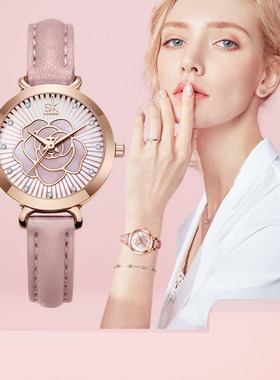 SK女士手表女小众高级感防水玫瑰花皮带腕表女石英表新款简约