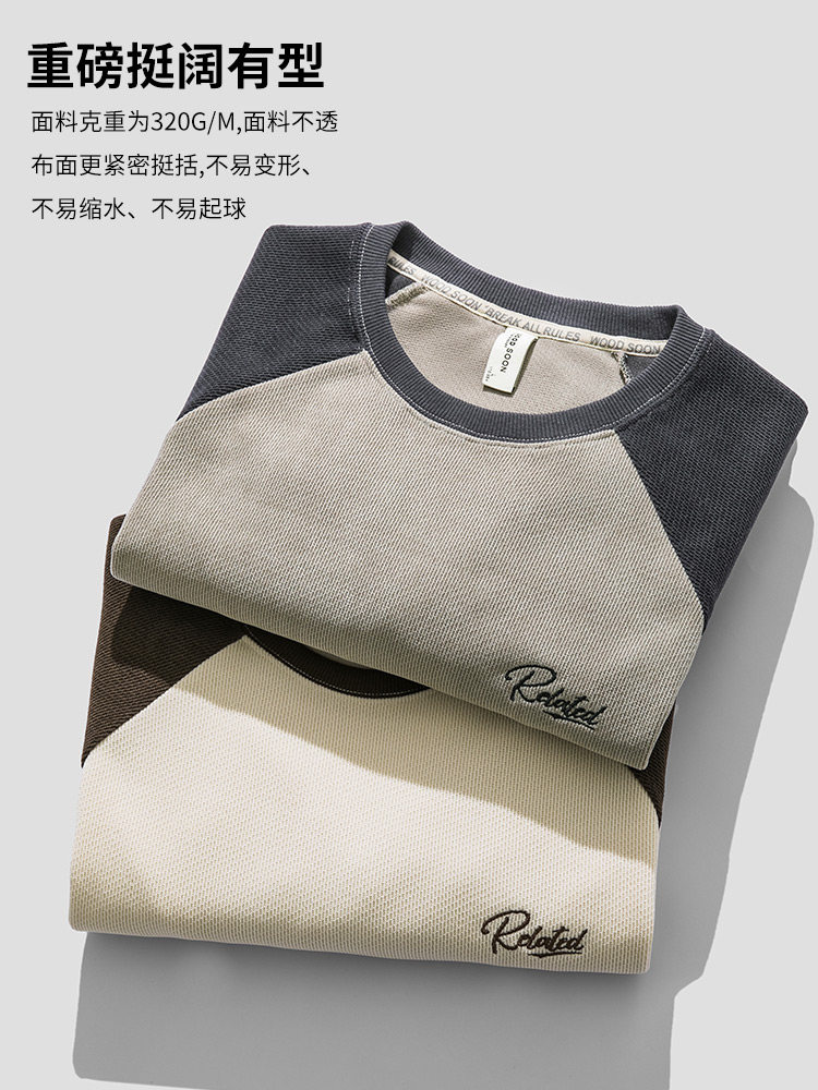 WOODSOON 헤비웨이트 스웨트 셔츠 남성 봄 가을 트렌디 브랜드 루즈 캐주얼 남성 라운드 넥 풀오버 라글란 슬리브 탑