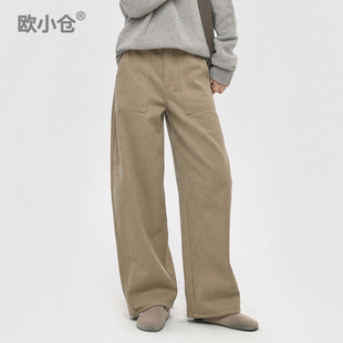子冬加厚卡其色抓绒弯刀裤 欧小仓 风独特超好看裤 工装 可颂系列