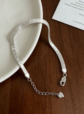 S925纯银碎银扁蛇骨手链女 简约 ins 冷淡风细闪肌理爱心尾链手饰