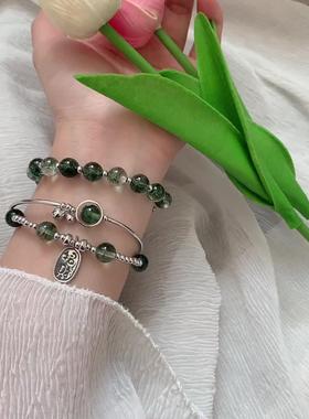 S925纯银招财绿幽灵手链女绿色水晶铃铛转运珠气质闺蜜手串送礼物