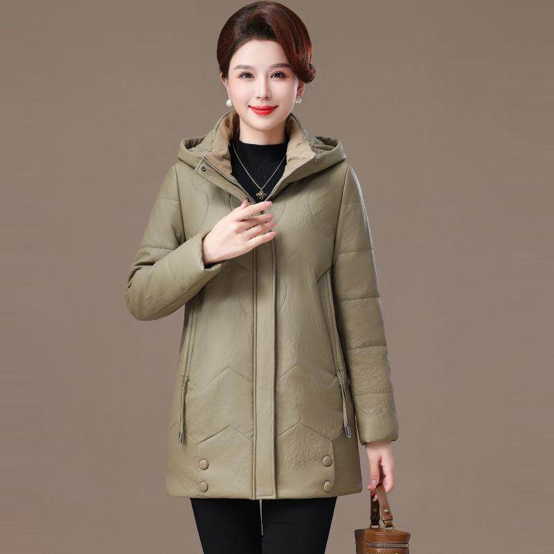 2025新款中老年女装皮衣加绒海宁真皮羽绒服女中长款妈妈装厚外套