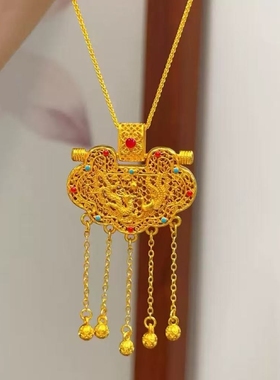 金店同款沙金天子门生锁包吊坠镂空花丝镶嵌龙凤呈祥项链锁骨链