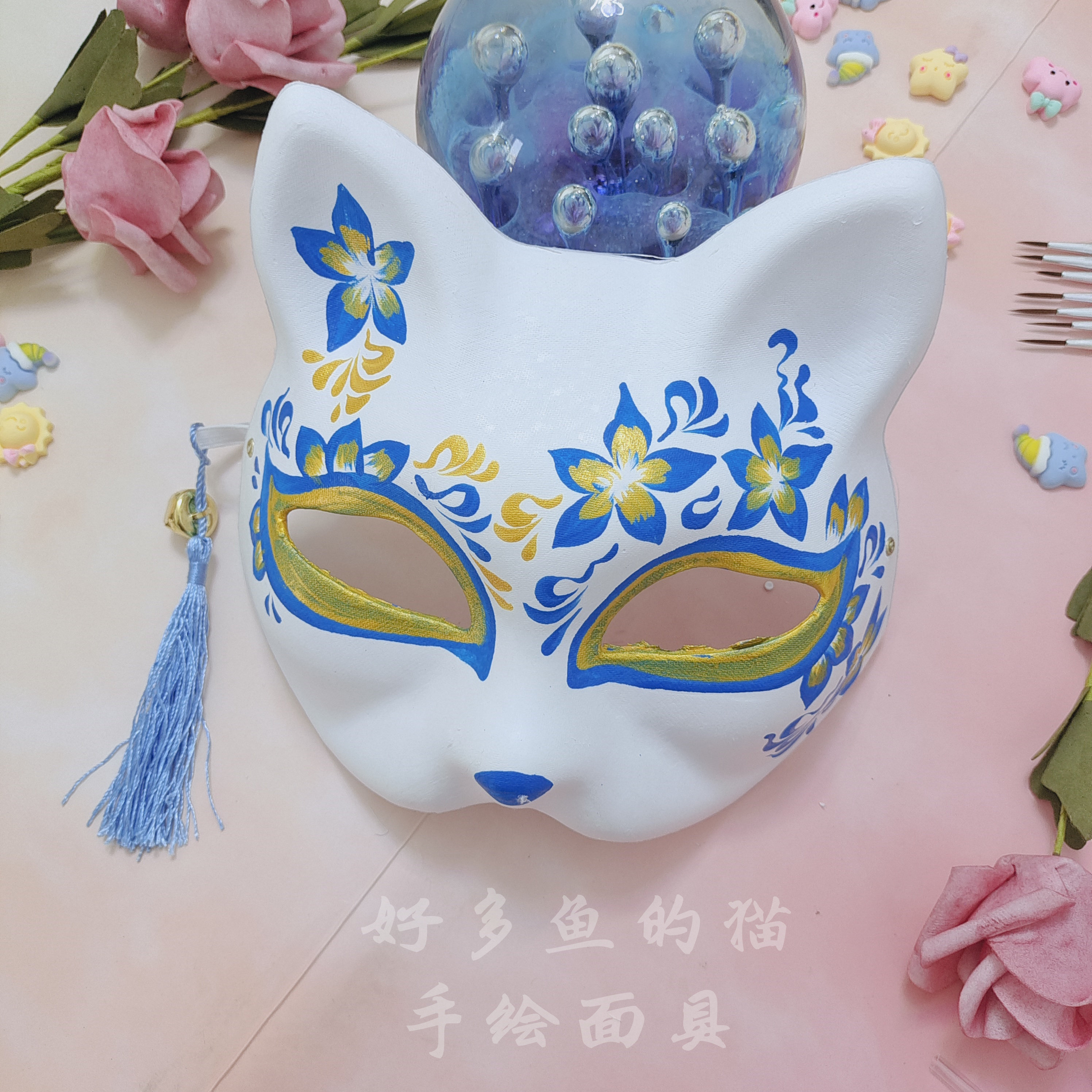 手绘日式和风狐狸面具半脸 古风汉服化妆舞会cos动漫猫脸狐妖面罩