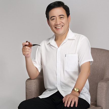 夏薄款涤棉男士短袖衬衫 大码宽松开衫 中老年爸爸装白色上衣纯色