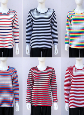 中老年女装春装长袖T恤妈妈装条纹纯棉上衣宽松大码老人打底衫薄