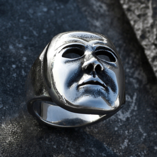 恐怖电影月光光心慌慌面具戒指男嘻哈潮流指环个性复古钛钢食指戒