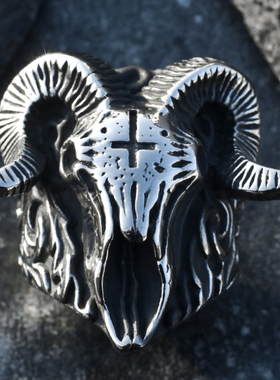 恶魔撒旦羊头戒指男钛钢