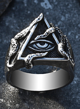 八爪鱼上帝之眼共济会戒指男钛钢
