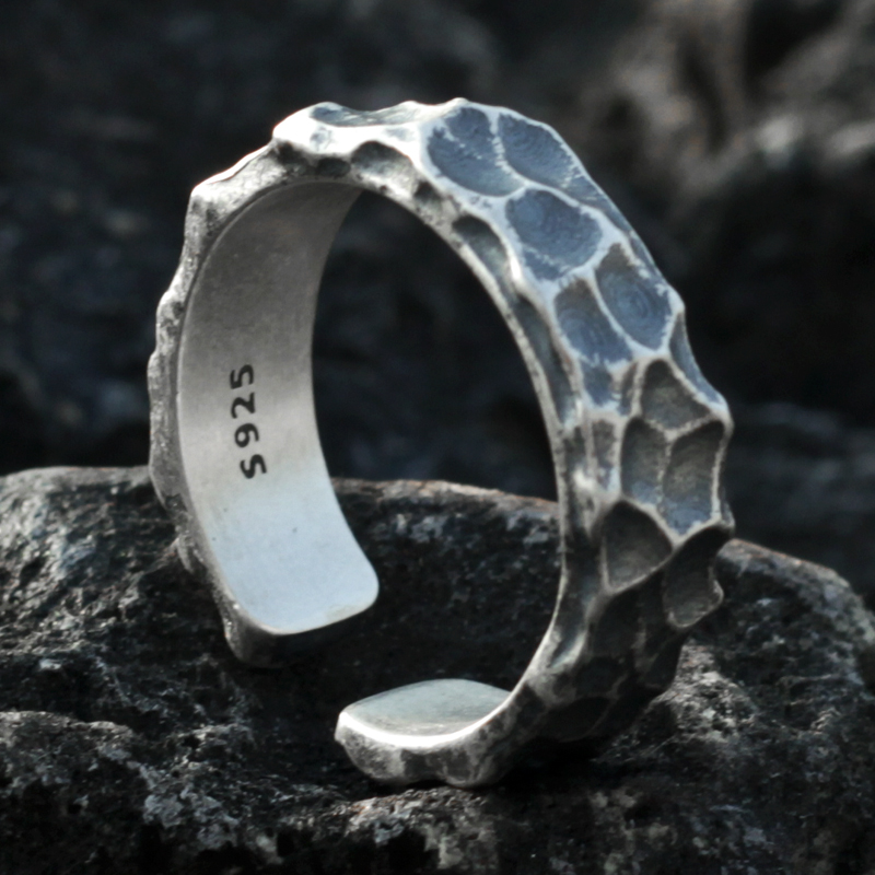 S925纯银手工锤纹戒指男女