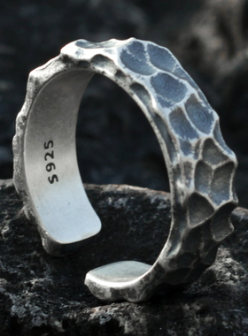 S925纯银手工锤纹戒指男女