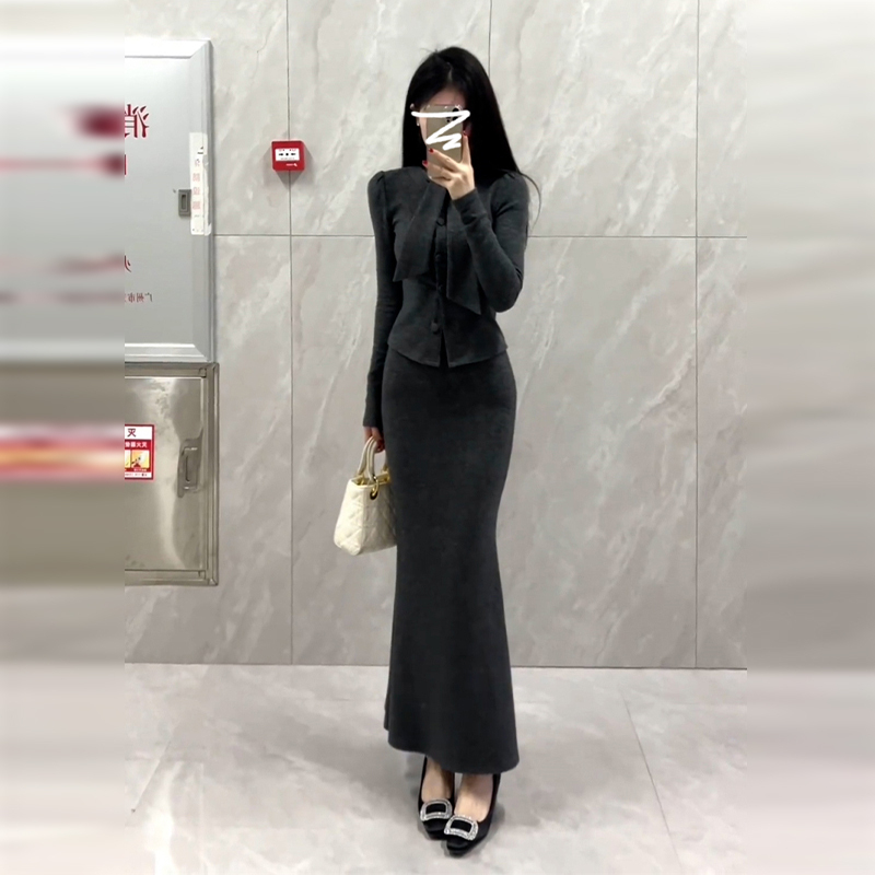 灰色针织连衣裙子女装春季2025新款温柔气质修身包臀鱼尾长裙套装