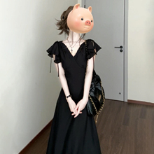 赫本风法式黑色小飞袖v领连衣裙子女夏季2025新款爆款高级感长裙