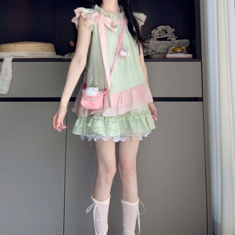 小飞袖蝴蝶结衬衫连衣裙子女夏季2025新款小个子甜美蛋糕短裙套装