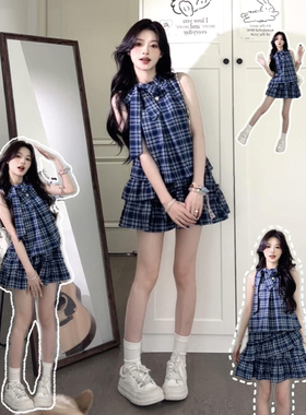 蓝色格子衬衫无袖背心连衣裙子女夏季2025新款爆款小个子蛋糕短裙