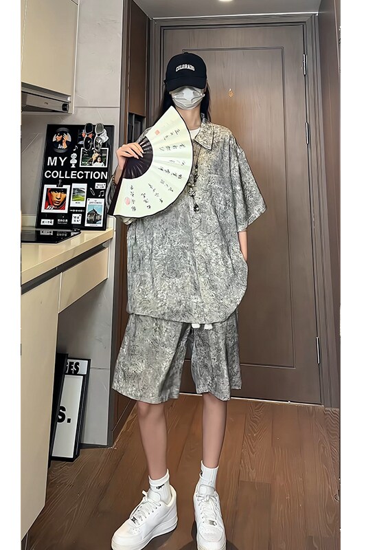 新中式风缎面冰丝薄款宽松五分短袖短裤套装504-W33-P80控128,男装休闲套装,星座504