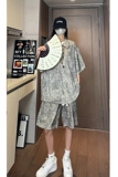 新中式风缎面冰丝薄款宽松五分短袖短裤套装504-W33-P80控128，男装休闲套装，星座504