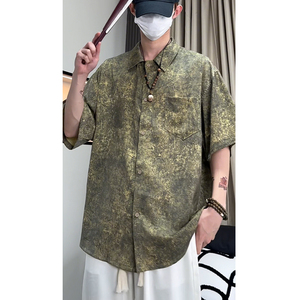 25新中式风缎面衬衫高级感潮流宽松男短袖衬衣504-W682-P45控69图片