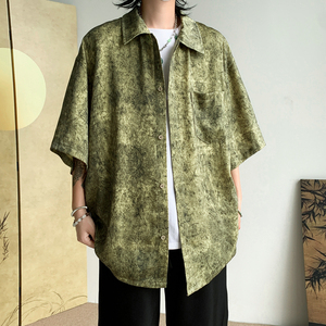 25新中式风缎面衬衫高级感潮流宽松男短袖衬衣504-W682-P45控69图片