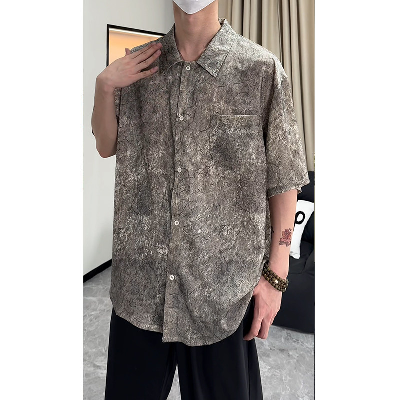 25新中式风缎面衬衫高级感潮流宽松男短袖衬衣504-W682-P45控69,男装T恤,星座504