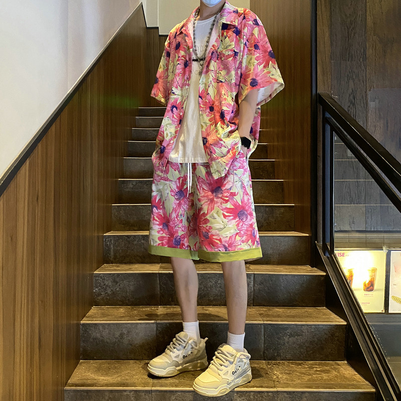 23夏季印花衬衣套装短袖短裤男女抖音同款花衬衫504-W22-P75图片