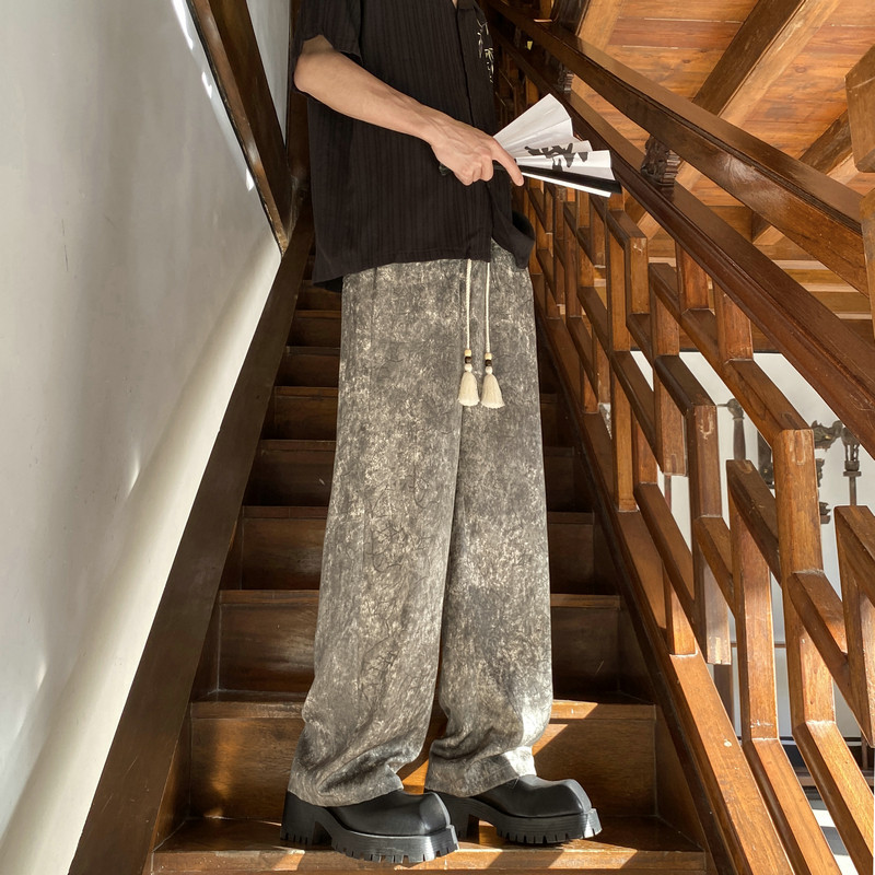 新中式风复古缎面裤子高级感垂感休闲裤504-K191-P45控68,男装休闲裤,星座504
