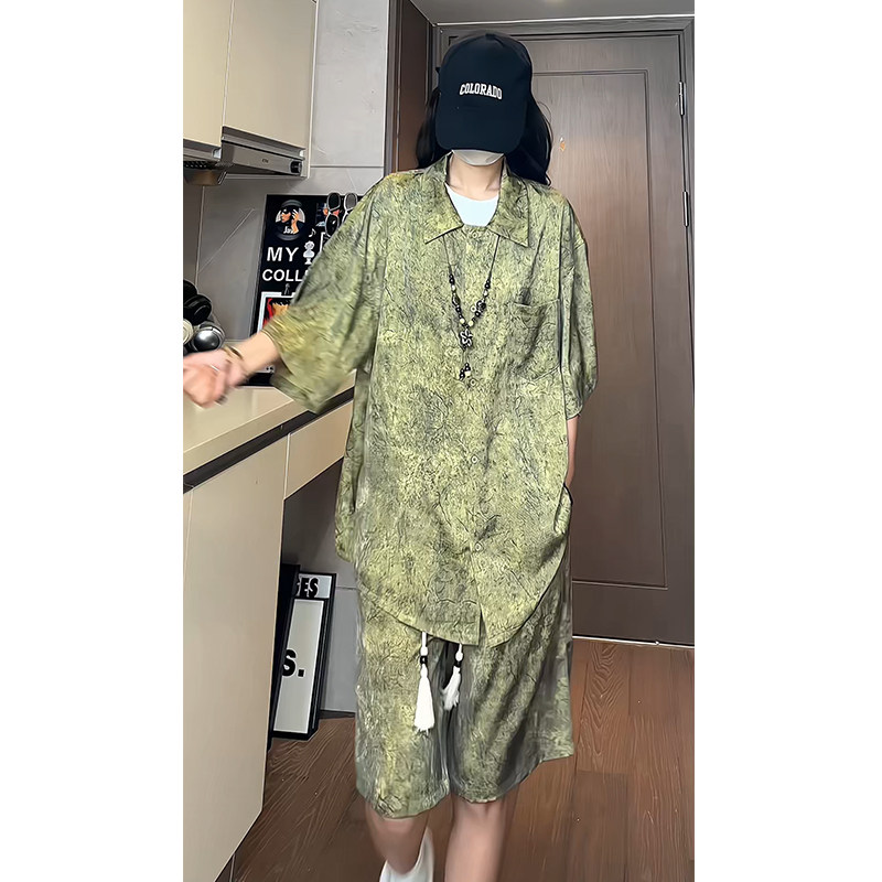 新中式风缎面冰丝薄款宽松五分短袖短裤套装504-W33-P80控128,男装休闲套装,星座504