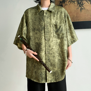 25新中式风缎面衬衫高级感潮流宽松男短袖衬衣504-W682-P45控69图片