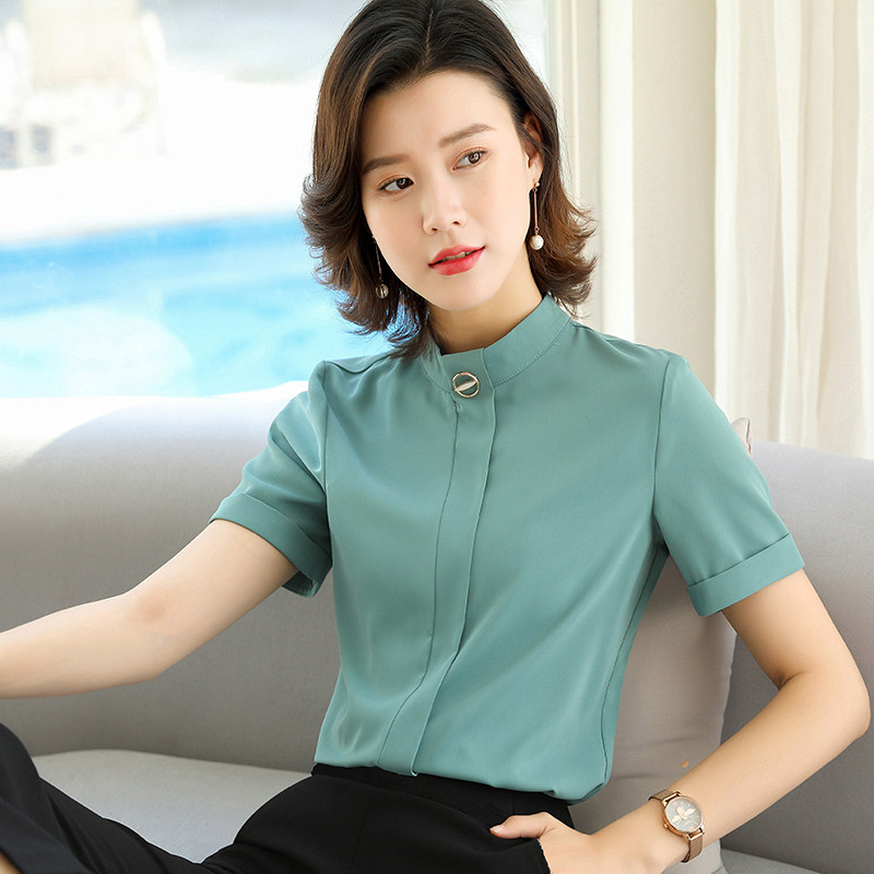 职业衬衫巴黎绸工作服短袖透气吸汗不起球立领绿色衬衣前台衬衣夏|ruв категории Женская одежда, рубашка - от Buy2taobao.com для оказания профессиональной услуги покупки агента Taobao