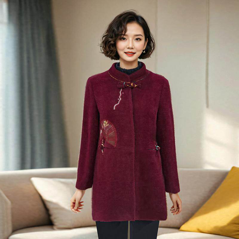 妈妈冬装外套中老年女装秋冬呢大衣50-60岁新中式国风气质喜庆