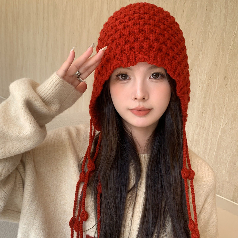 红色针织帽子女秋冬款毛线流苏甜美可爱氛围感显脸小织护耳帽子