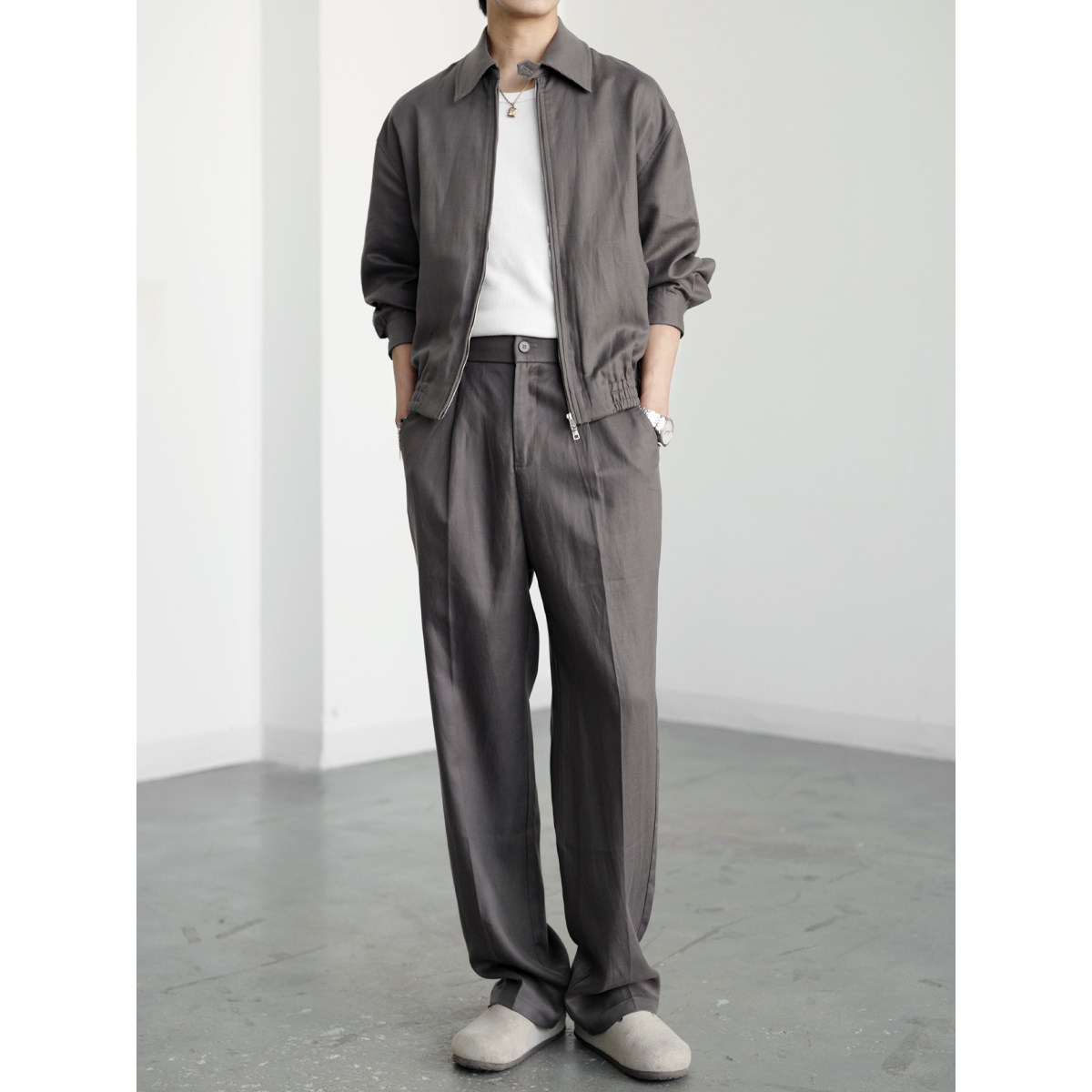 新款时尚轻奢百搭老钱风亚麻拉链通勤显瘦夹克长袖套装男士T107