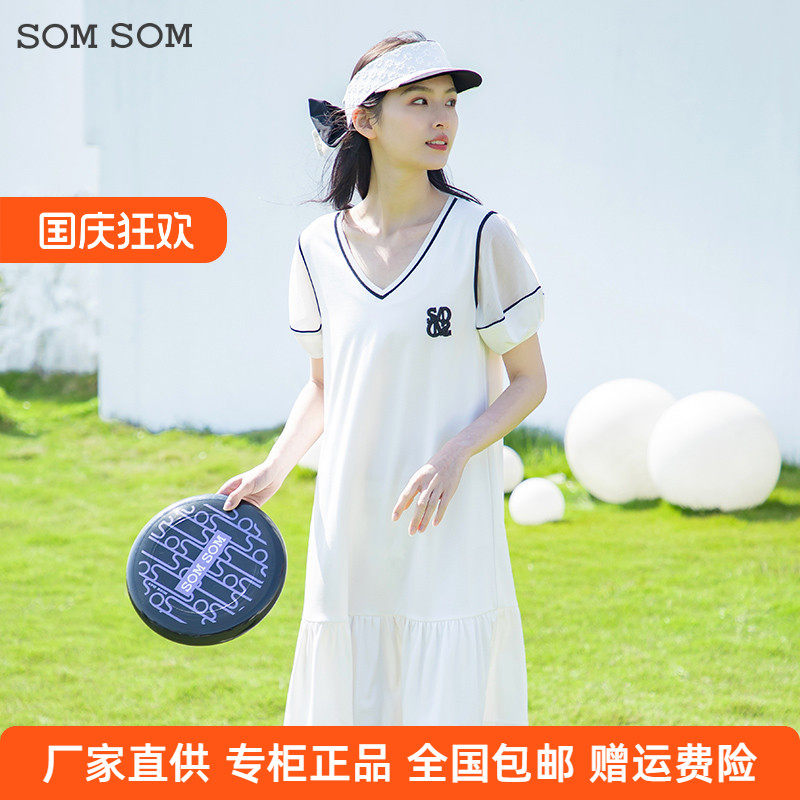 SOMSOM/索玛v领短袖雪纺连衣裙女夏季鱼尾裙中长款学院风裙子薄款