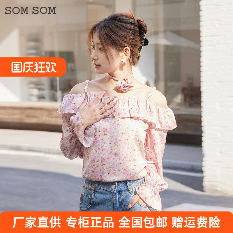SOMSOM/索玛春秋碎花长袖雪纺衫女荷叶边气质一字肩减龄百搭上衣