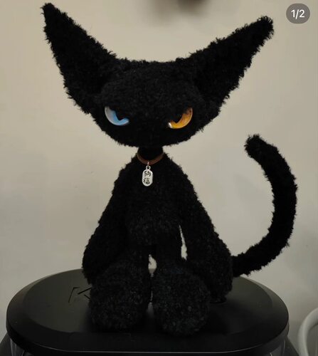 成品手工无牙仔钩织德文小黑猫编织小黑猫玩偶毛线钩织摆件棒针