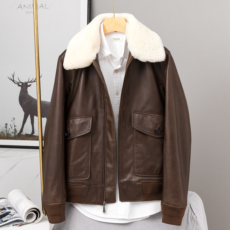 毛领复古夹克真皮外套潮外贸男装