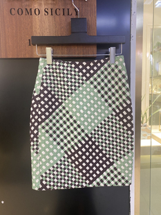 CM00080 ZJRUI 绵羊皮编制清新格纹拼接宽松高腰半身裙 秋上新