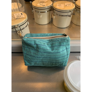 Maybekuii | 松石绿亚麻条纹化妆品收纳包 文具笔袋 #251
