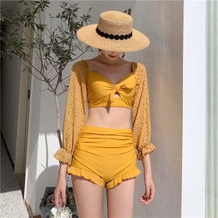 苏拉娜公主分体泳衣女保守显瘦遮肚性感长袖 雪纺姜黄色温泉游泳衣
