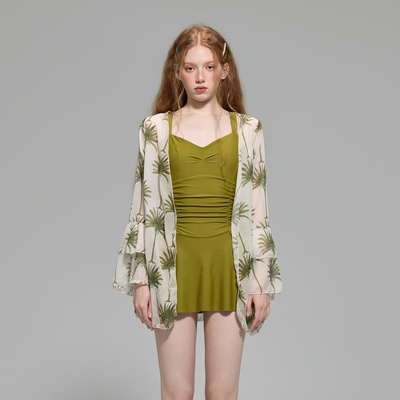 军绿两件套长袖平角裙式连体泳衣